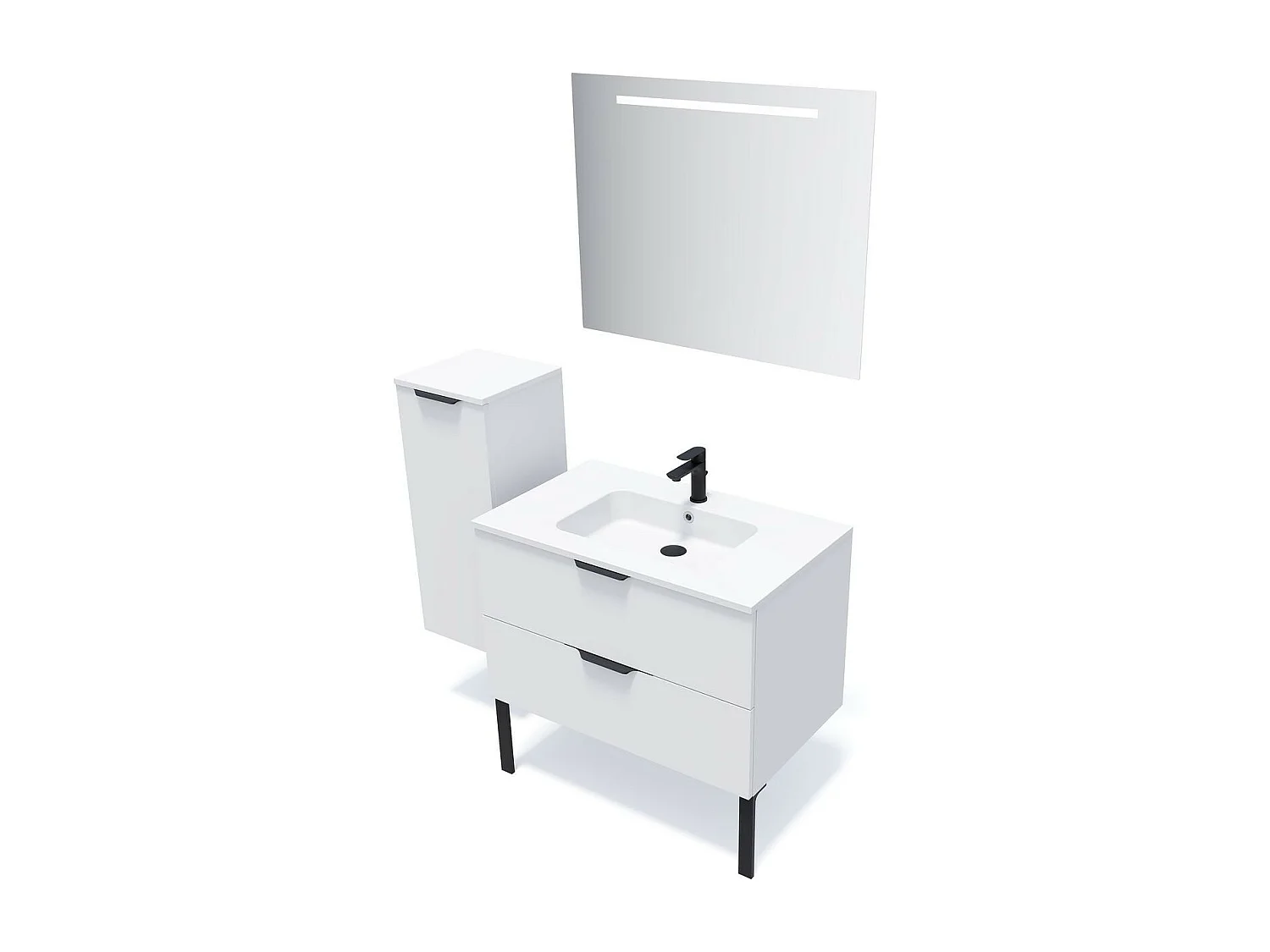 Meuble de salle de bain suspendu vasque intégrée 90cm 2 tiroirs Blanc + miroir - Soho