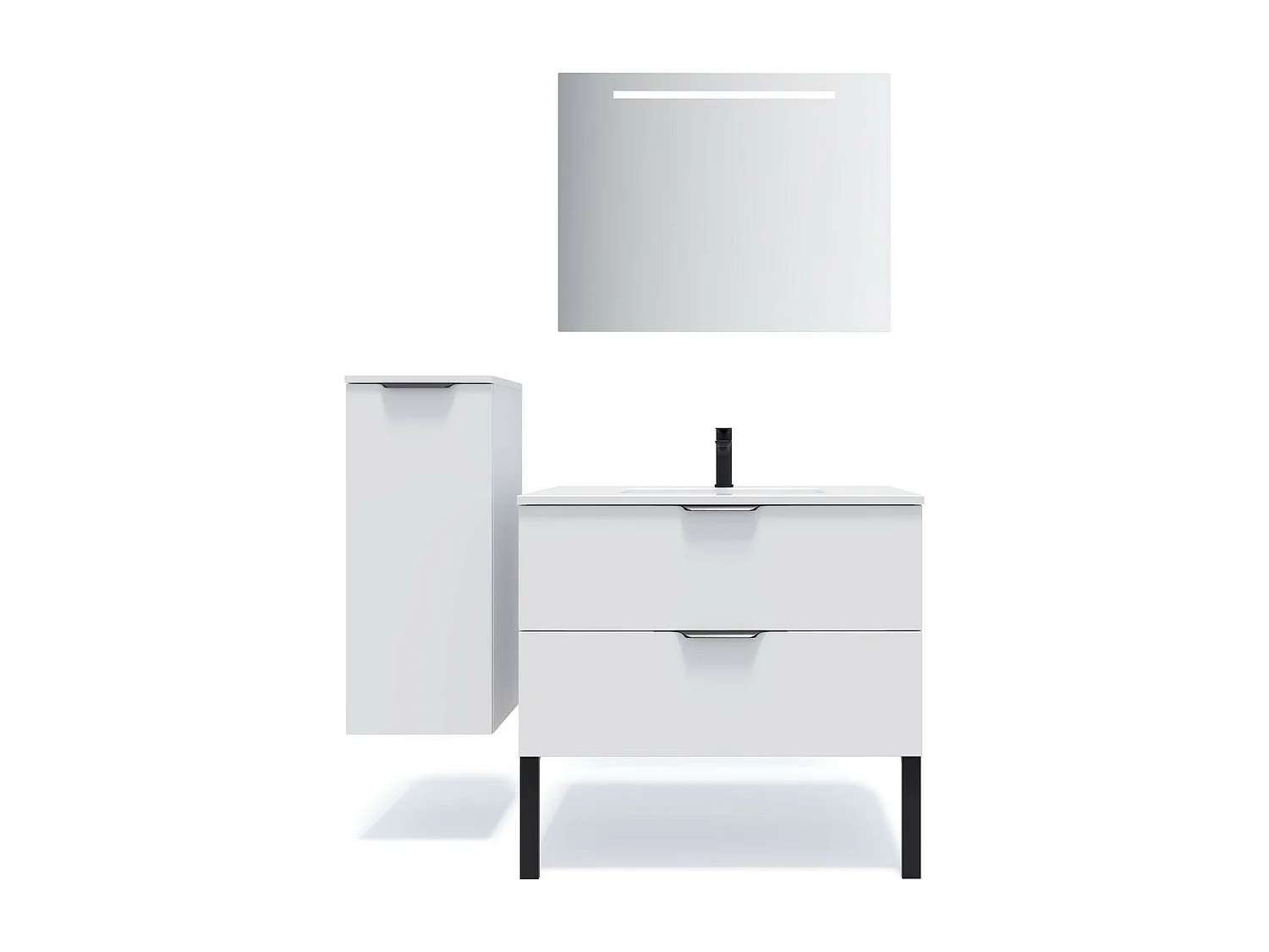 Meuble de salle de bain suspendu vasque intégrée 90cm 2 tiroirs Blanc + miroir - Soho