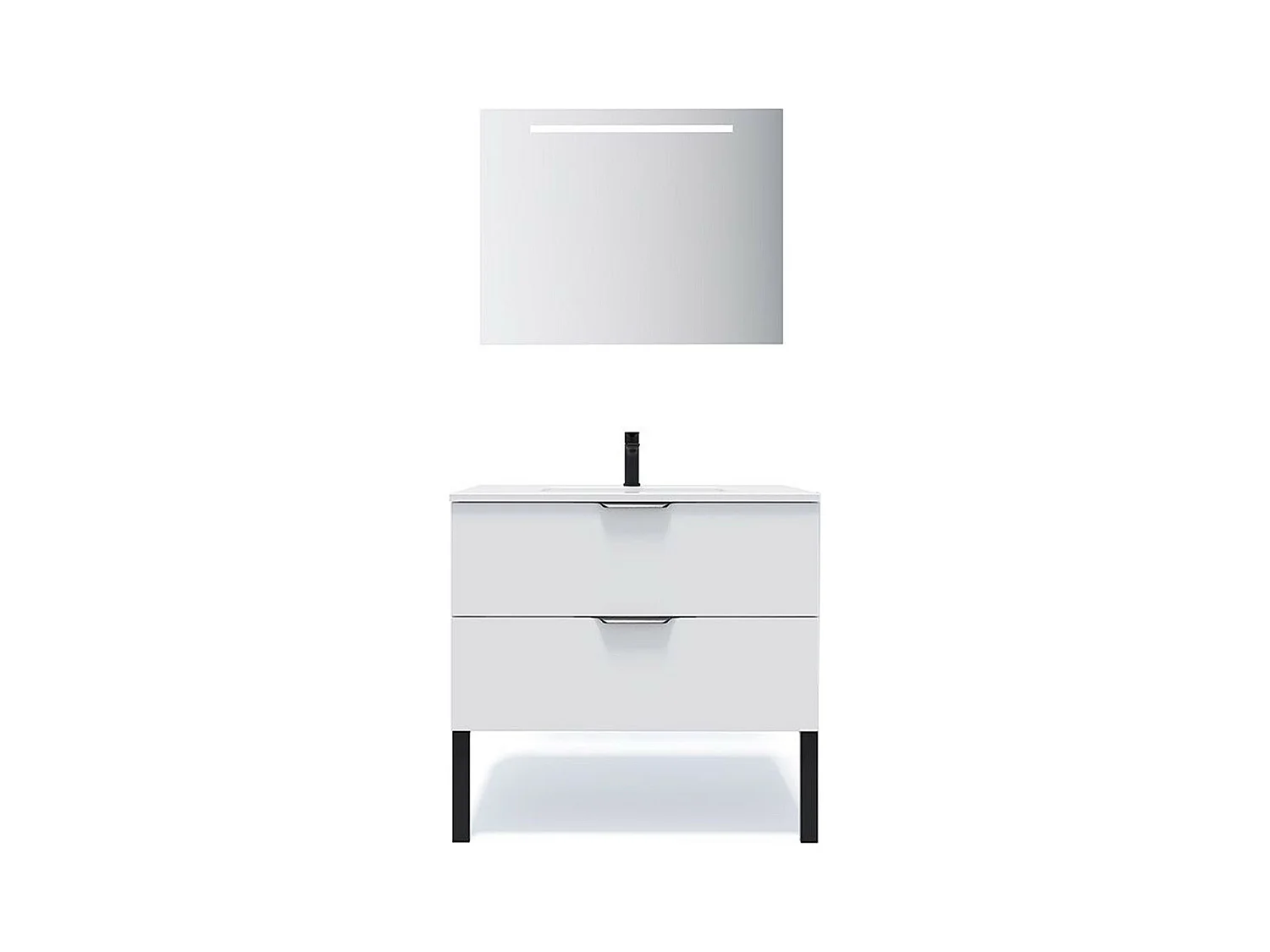 Meuble de salle de bain suspendu vasque intégrée 90cm 2 tiroirs Blanc + miroir - Soho