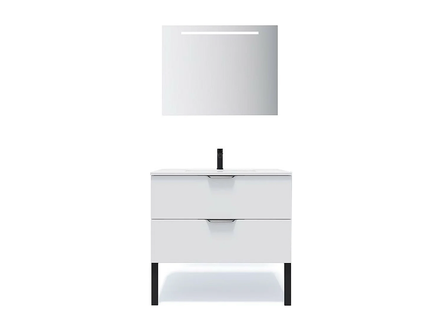 Meuble de salle de bain suspendu vasque intégrée 90cm 2 tiroirs Blanc + miroir - Soho