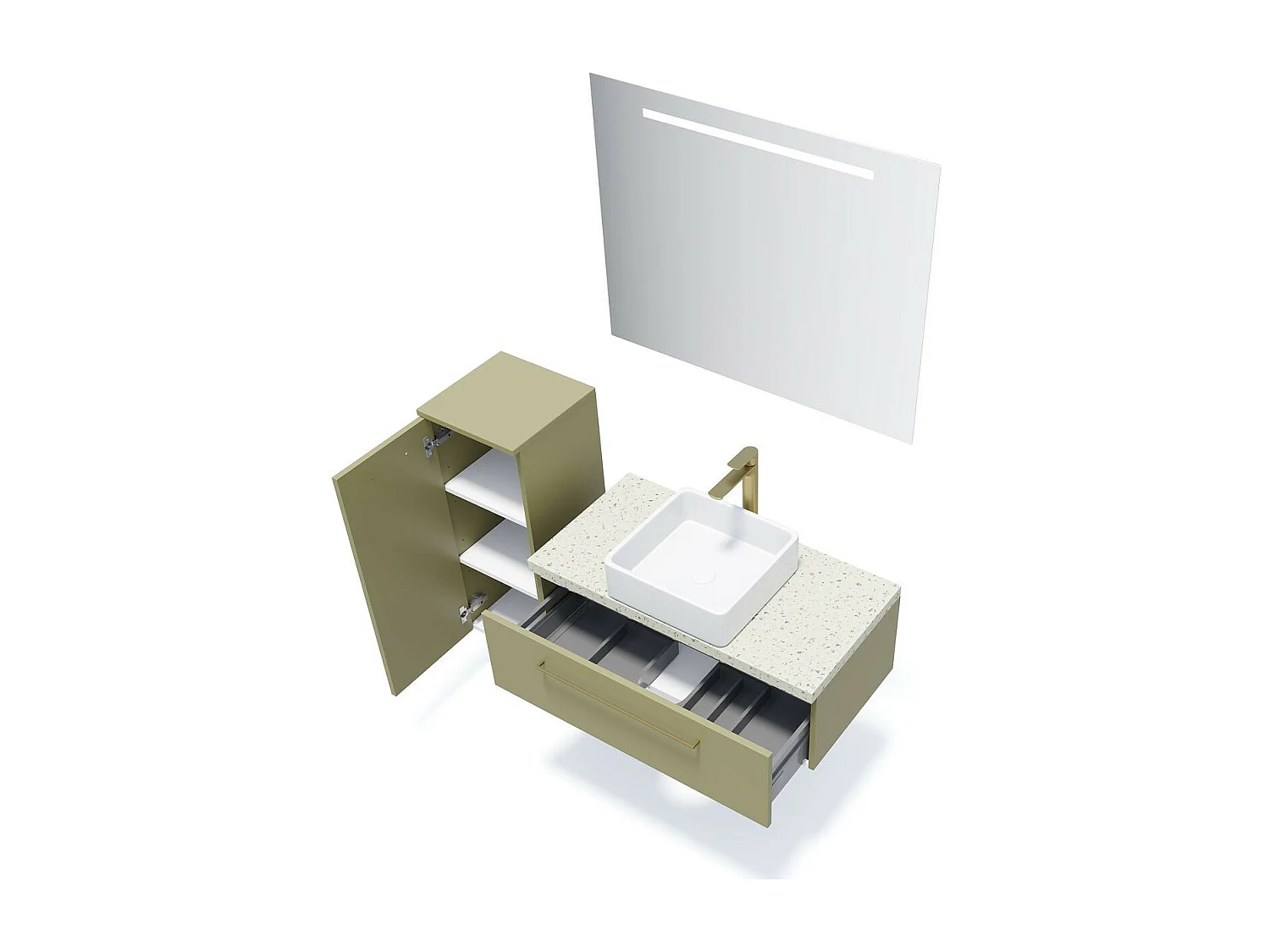 Meuble de salle de bain suspendu vasque à poser 90cm 1 tiroir Vert olive + miroir - Glasgow