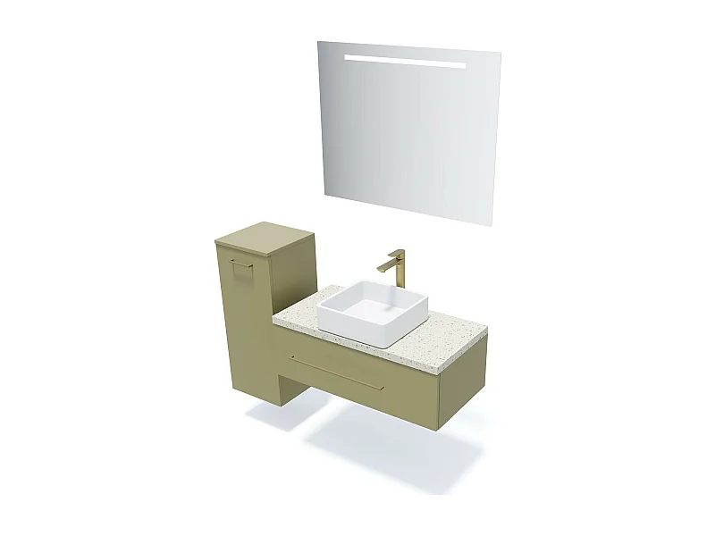 Meuble de salle de bain suspendu vasque à poser 90cm 1 tiroir Vert olive + miroir - Glasgow