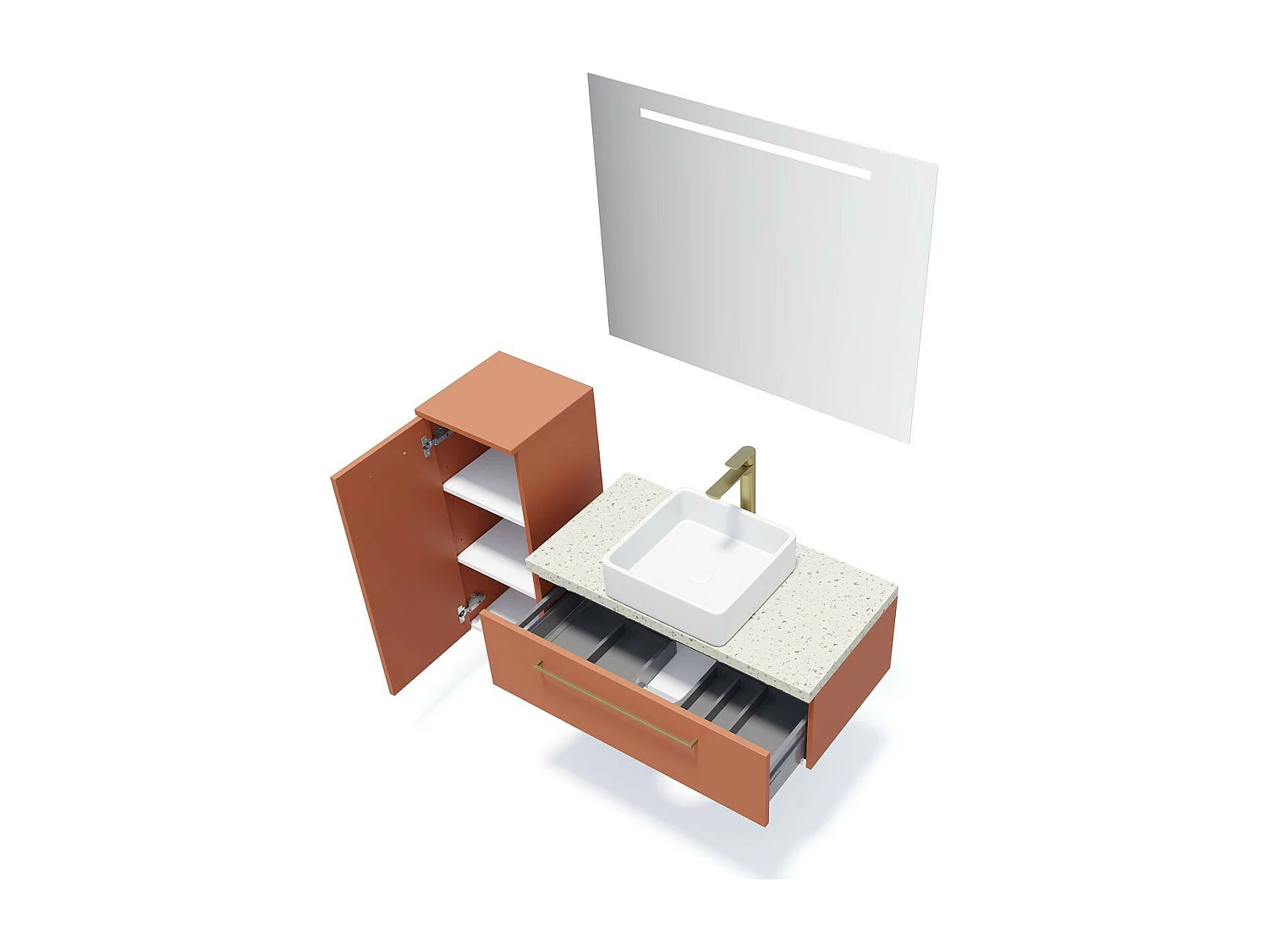 Meuble de salle de bain suspendu vasque à poser 90cm 1 tiroir Terracotta + miroir - Glasgow