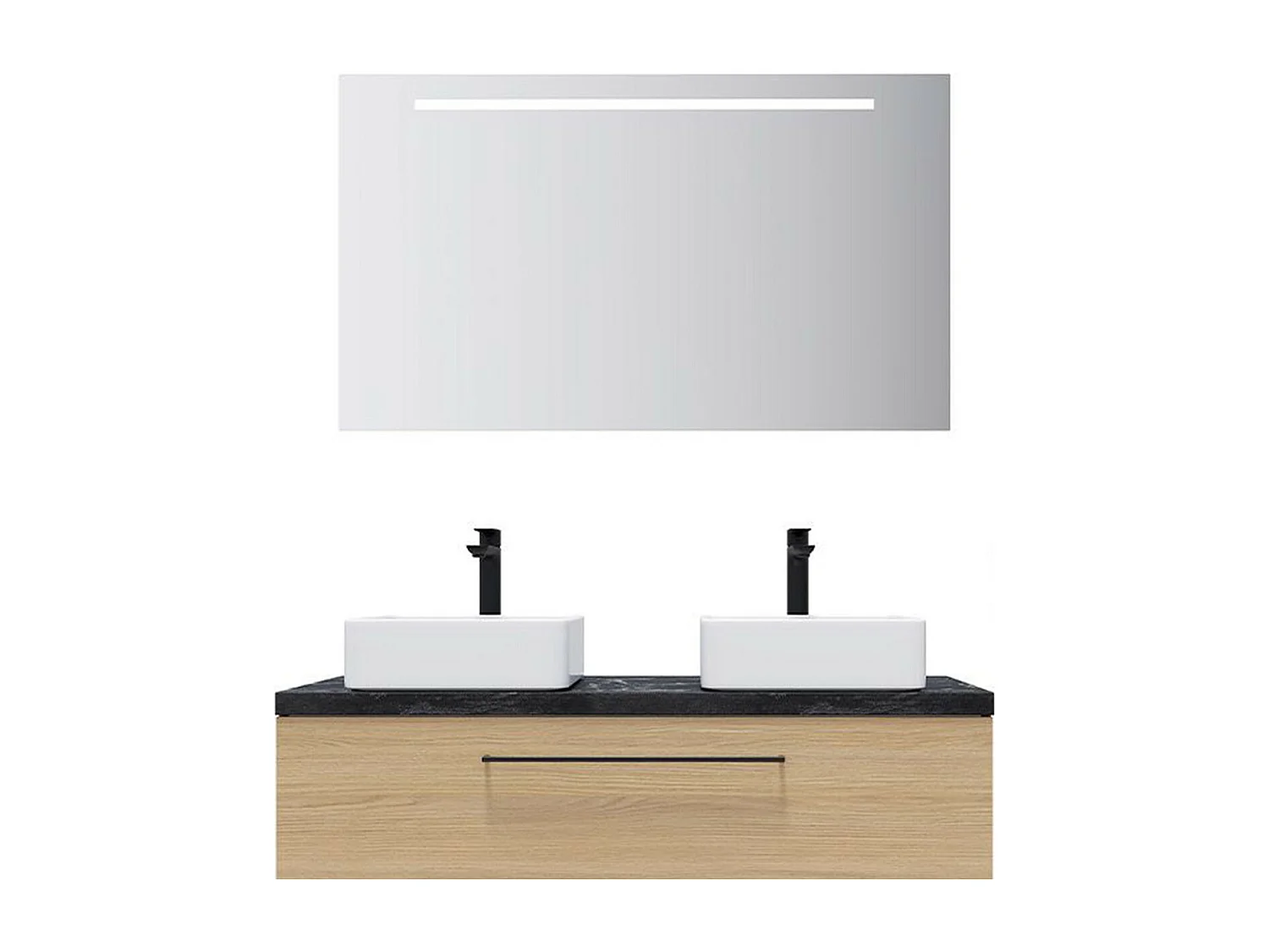 Meuble de salle de bain suspendu 2 vasques à poser 120cm 1 tiroir Chêne clair + miroir - Glasgow