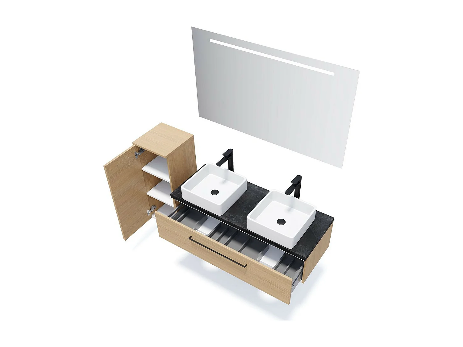 Meuble de salle de bain suspendu 2 vasques à poser 120cm 1 tiroir Chêne clair + miroir - Glasgow