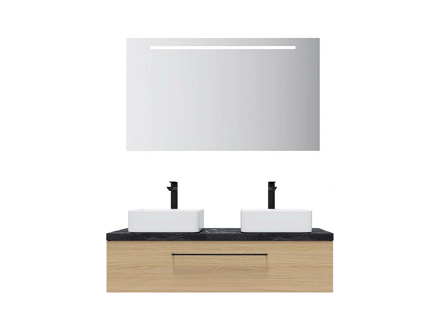 Meuble de salle de bain suspendu 2 vasques à poser 120cm 1 tiroir Chêne clair + miroir - Glasgow