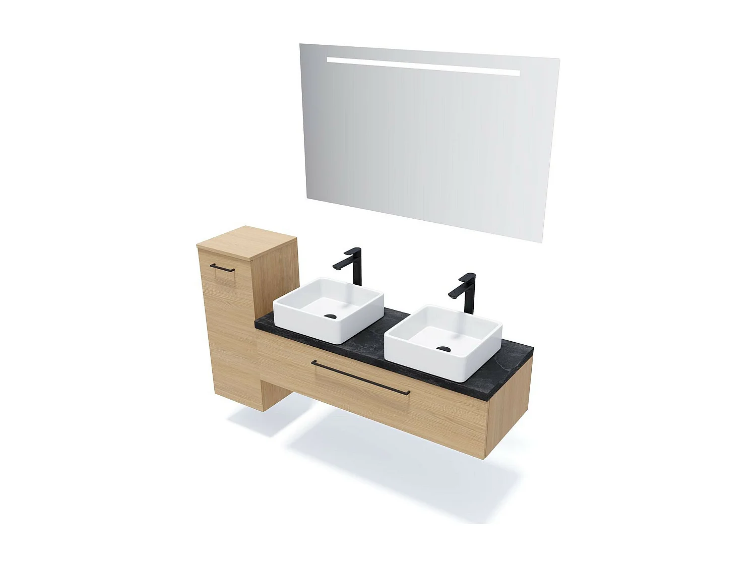 Meuble de salle de bain suspendu 2 vasques à poser 120cm 1 tiroir Chêne clair + miroir - Glasgow