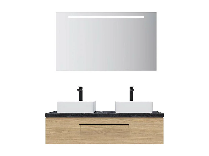 Meuble de salle de bain suspendu 2 vasques à poser 120cm 1 tiroir Chêne clair + miroir - Glasgow