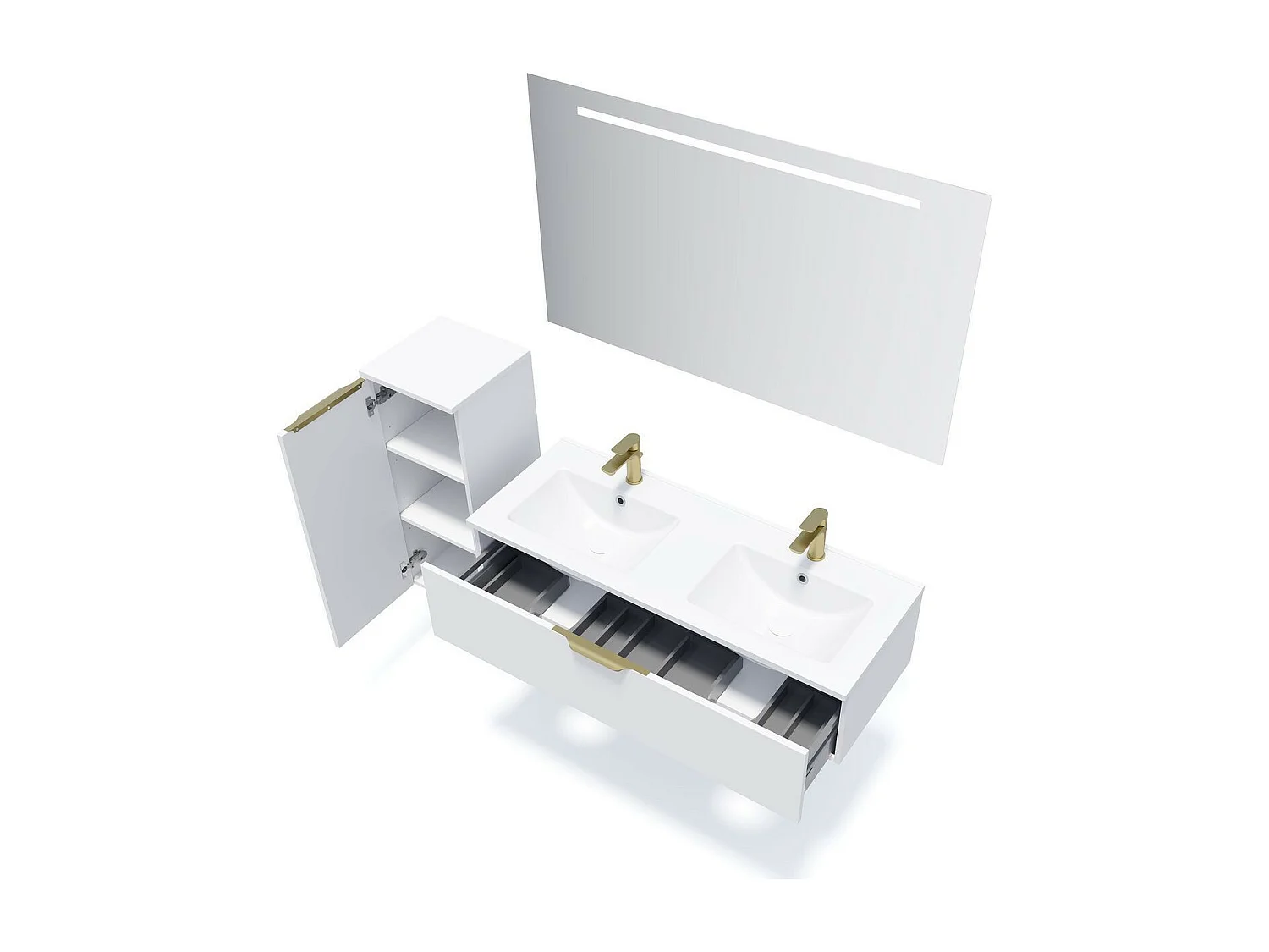 Meuble de salle de bain suspendu double vasque intégrée 120cm 1 tiroir Blanc + miroir - Venice