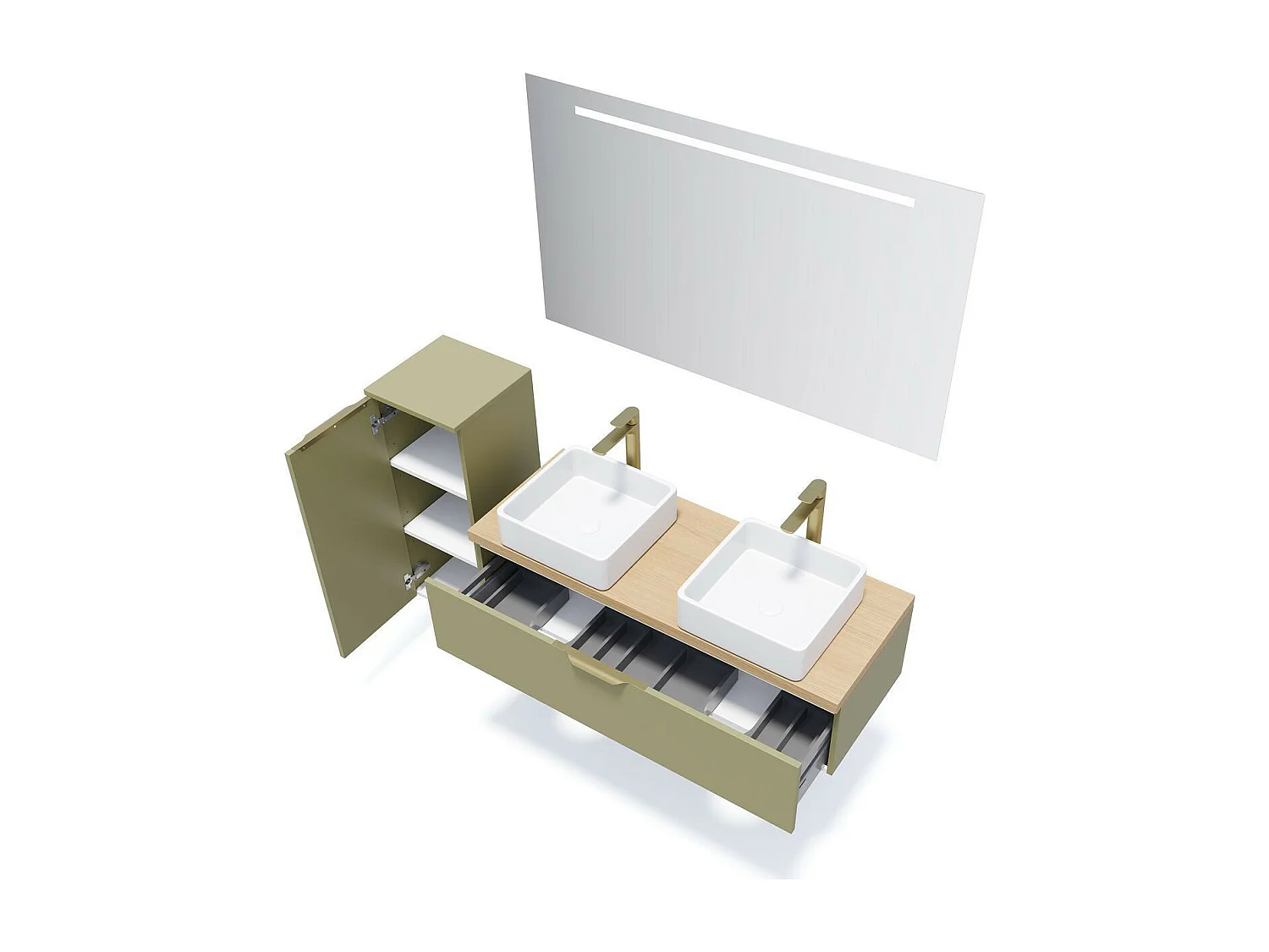 Meuble de salle de bain suspendu 2 vasques à poser 120cm 1 tiroir Vert olive + miroir - Venice