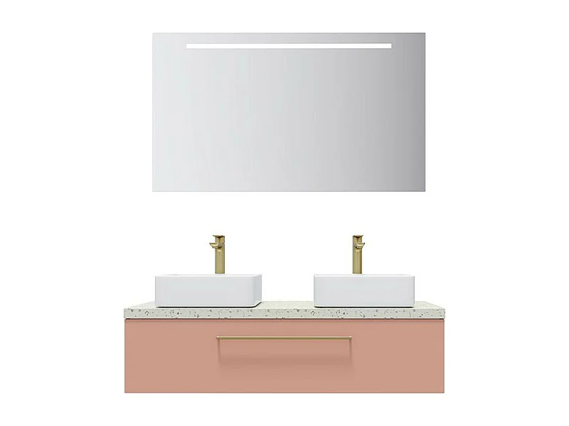 Meuble de salle de bain suspendu 2 vasques à poser 120cm 1 tiroir Abricot + miroir - Glasgow