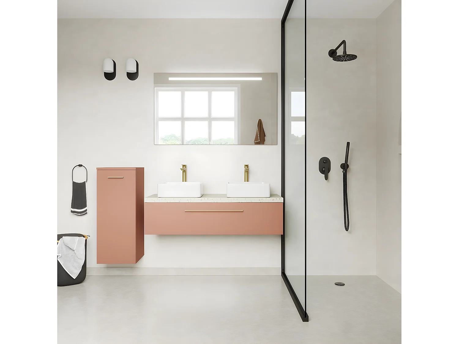 Meuble de salle de bain suspendu 2 vasques à poser 120cm 1 tiroir Abricot + miroir - Glasgow
