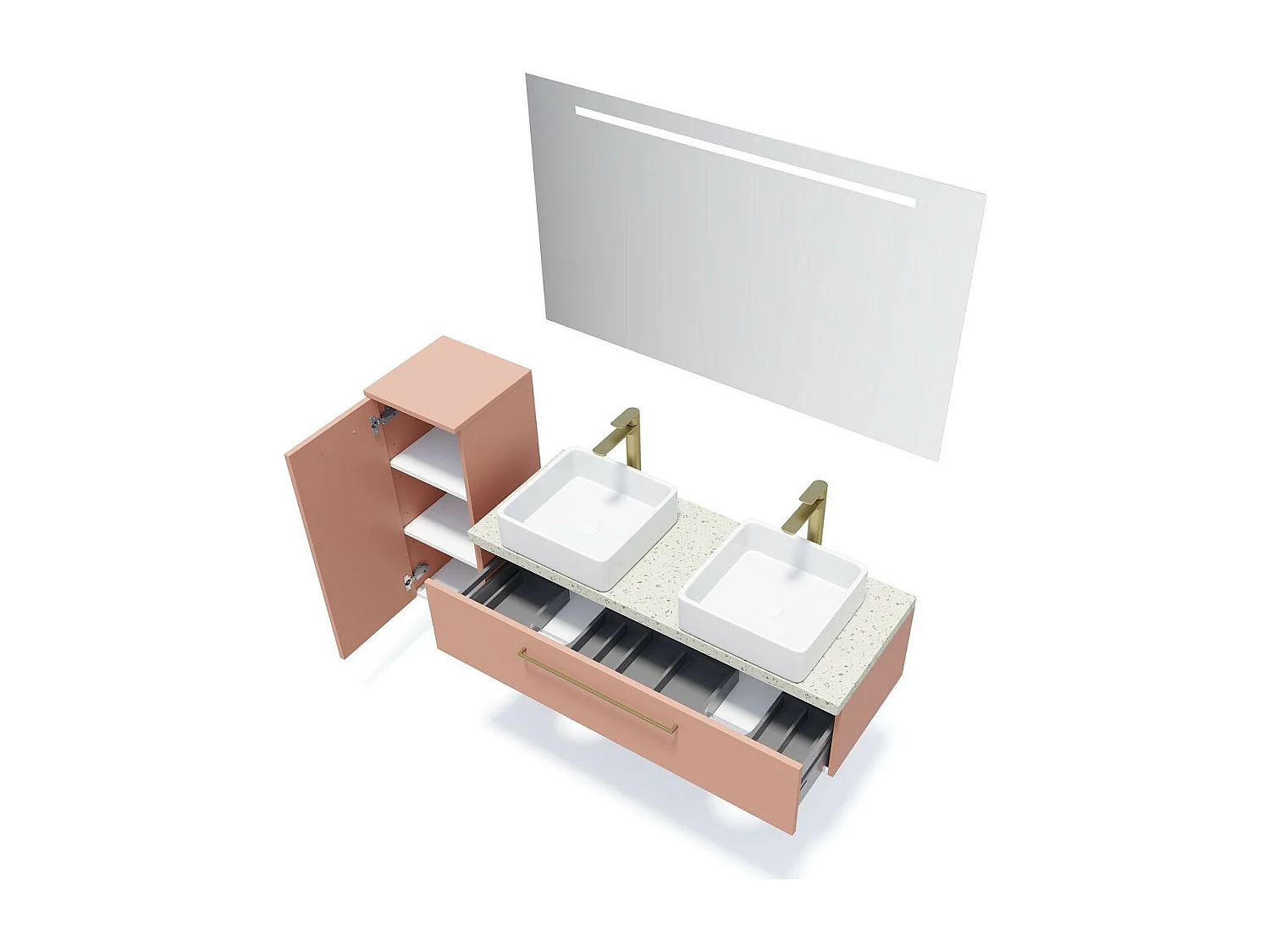 Meuble de salle de bain suspendu 2 vasques à poser 120cm 1 tiroir Abricot + miroir - Glasgow