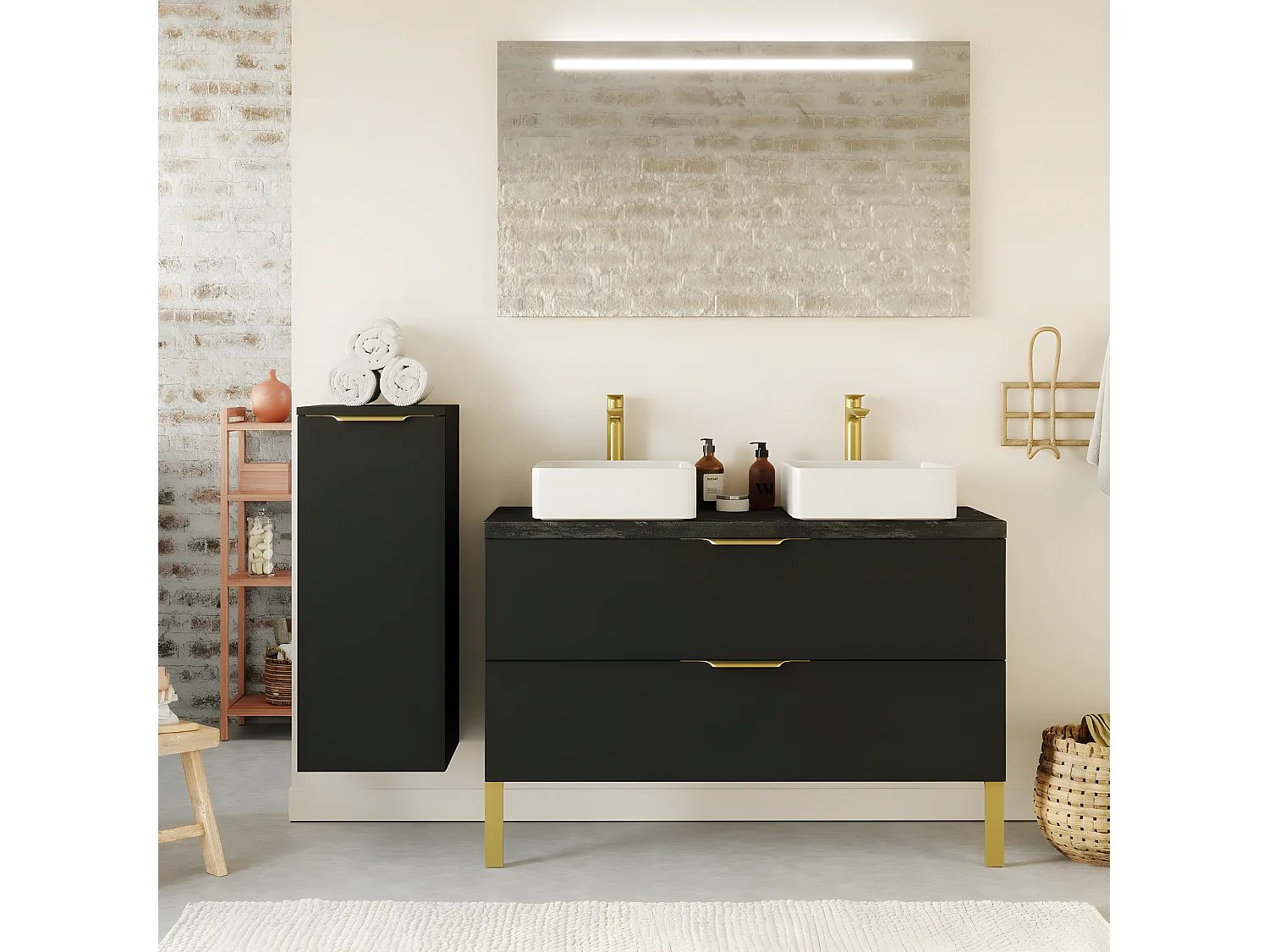 Meuble de salle de bain suspendu 2 vasques à poser 120cm 2 tiroirs Noir + miroir - Venice