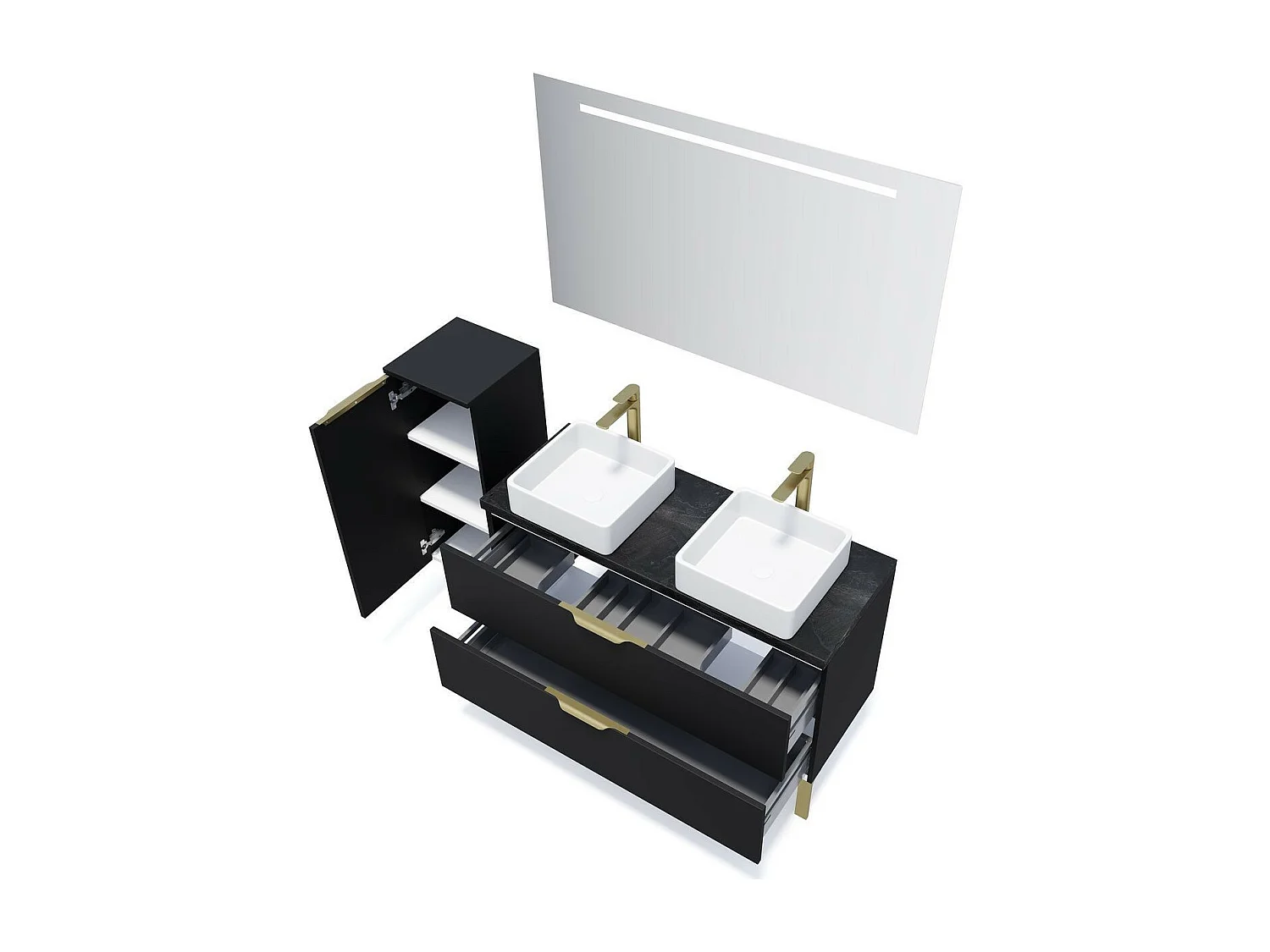 Meuble de salle de bain suspendu 2 vasques à poser 120cm 2 tiroirs Noir + miroir - Venice