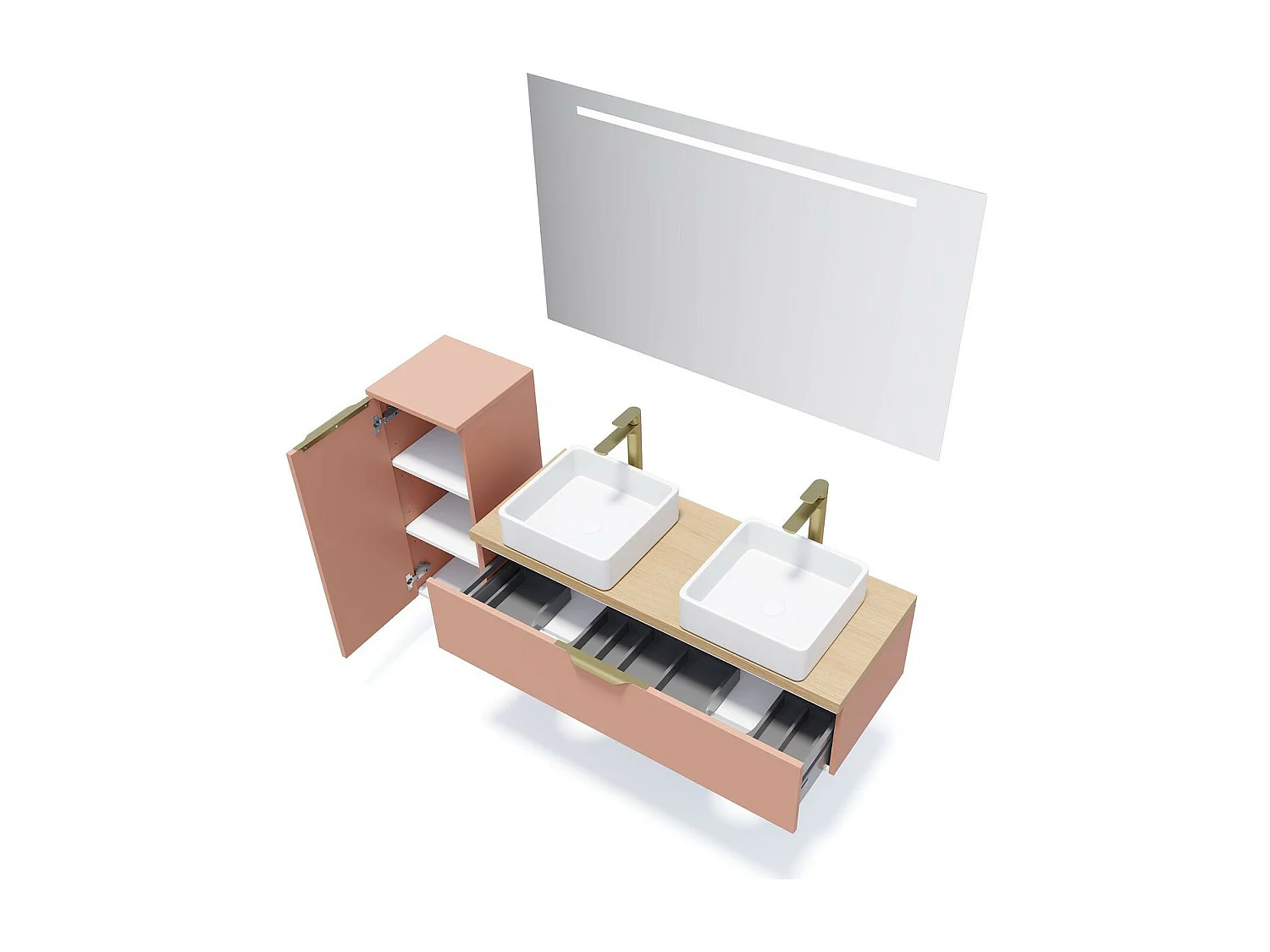 Meuble de salle de bain suspendu 2 vasques à poser 120cm 1 tiroir Abricot + miroir - Venice