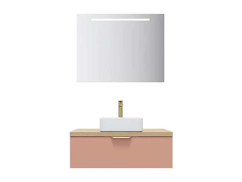 Meuble de salle de bain suspendu vasque à poser 90cm 1 tiroir Abricot + miroir - Venice