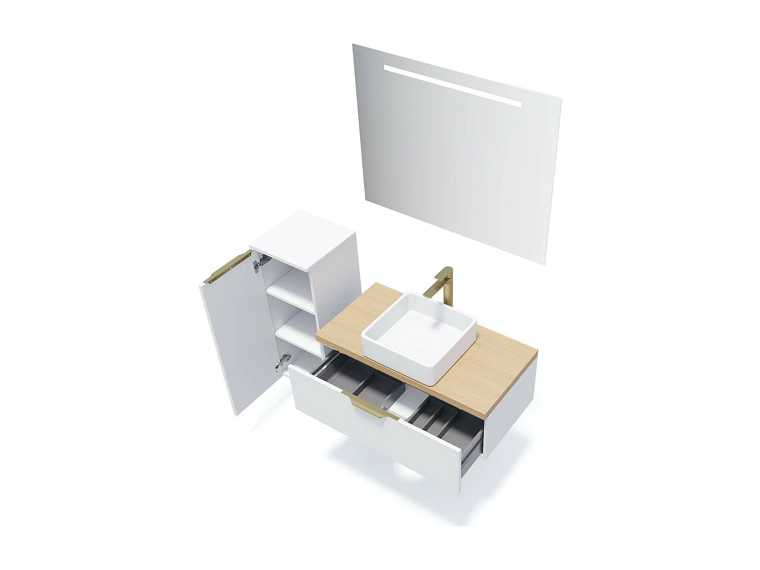 Meuble de salle de bain suspendu vasque à poser 90cm 1 tiroir Blanc + miroir - Venice