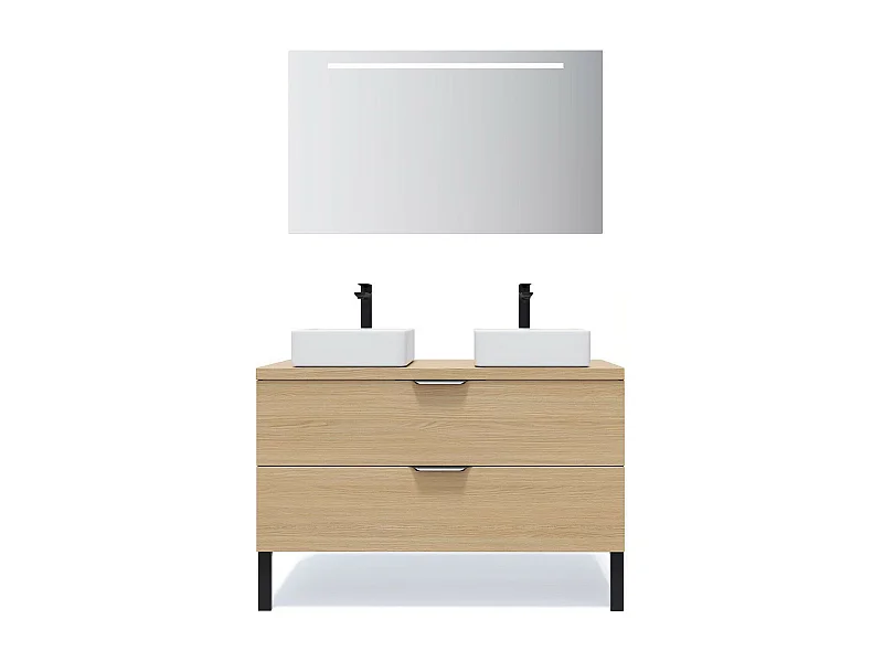Meuble de salle de bain suspendu 2 vasques à poser 120cm 2 tiroirs Chêne clair + miroir - Venice