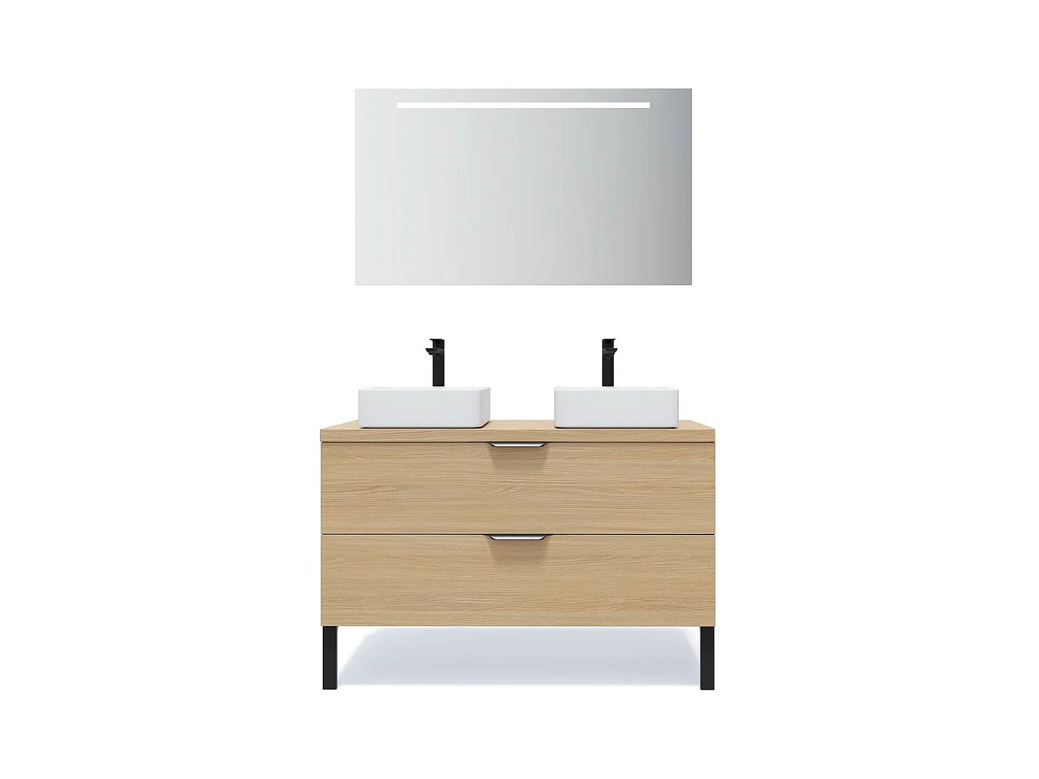 Meuble de salle de bain suspendu 2 vasques à poser 120cm 2 tiroirs Chêne clair + miroir - Venice
