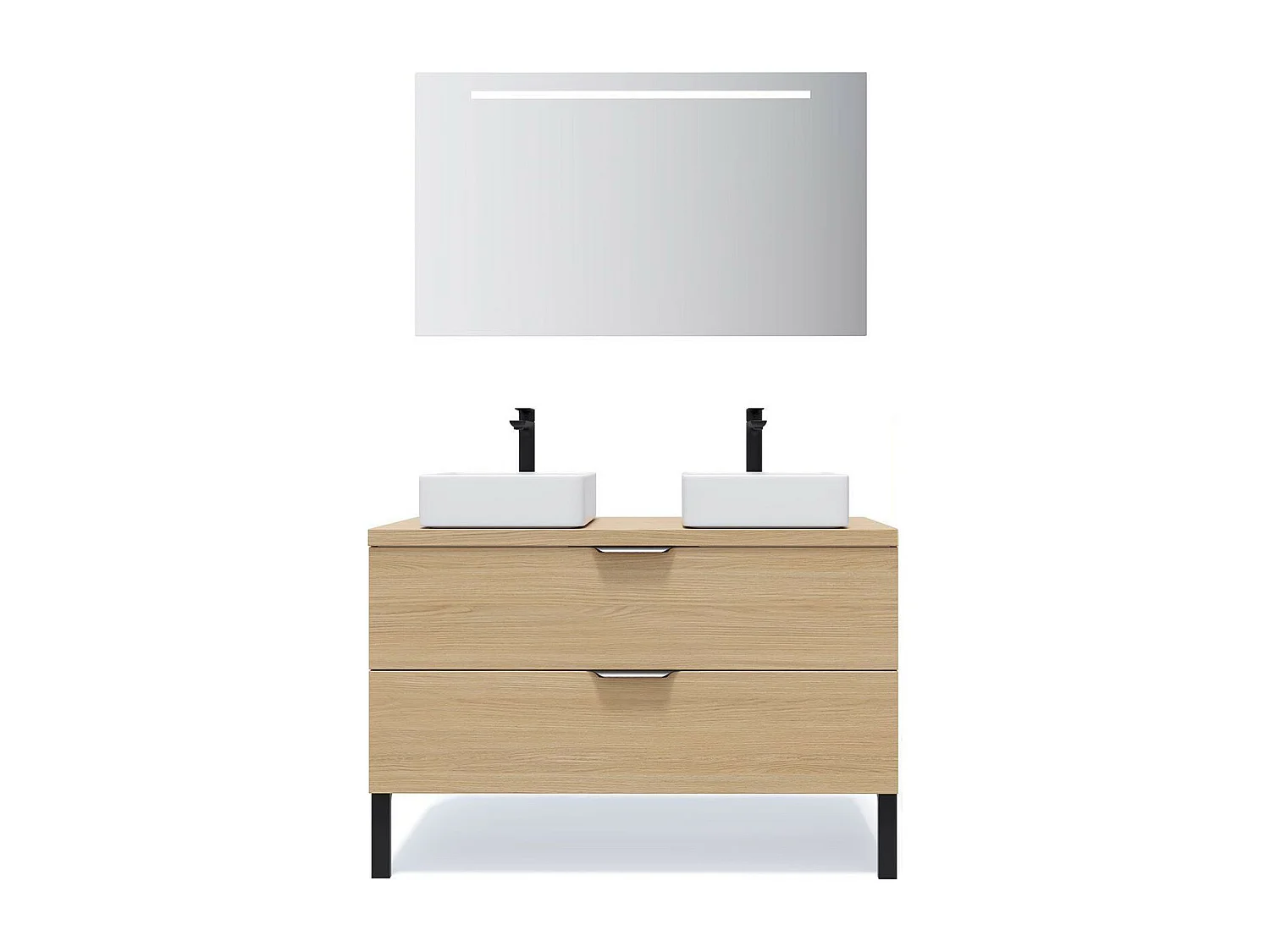 Meuble de salle de bain suspendu 2 vasques à poser 120cm 2 tiroirs Chêne clair + miroir - Venice