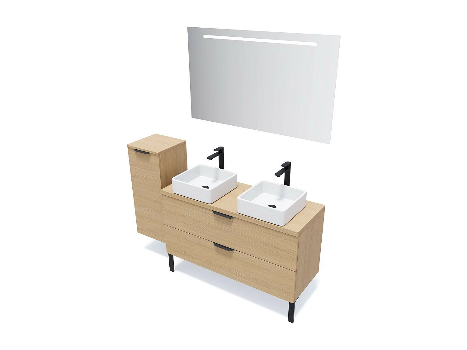 Meuble de salle de bain suspendu 2 vasques à poser 120cm 2 tiroirs Chêne clair + miroir - Venice