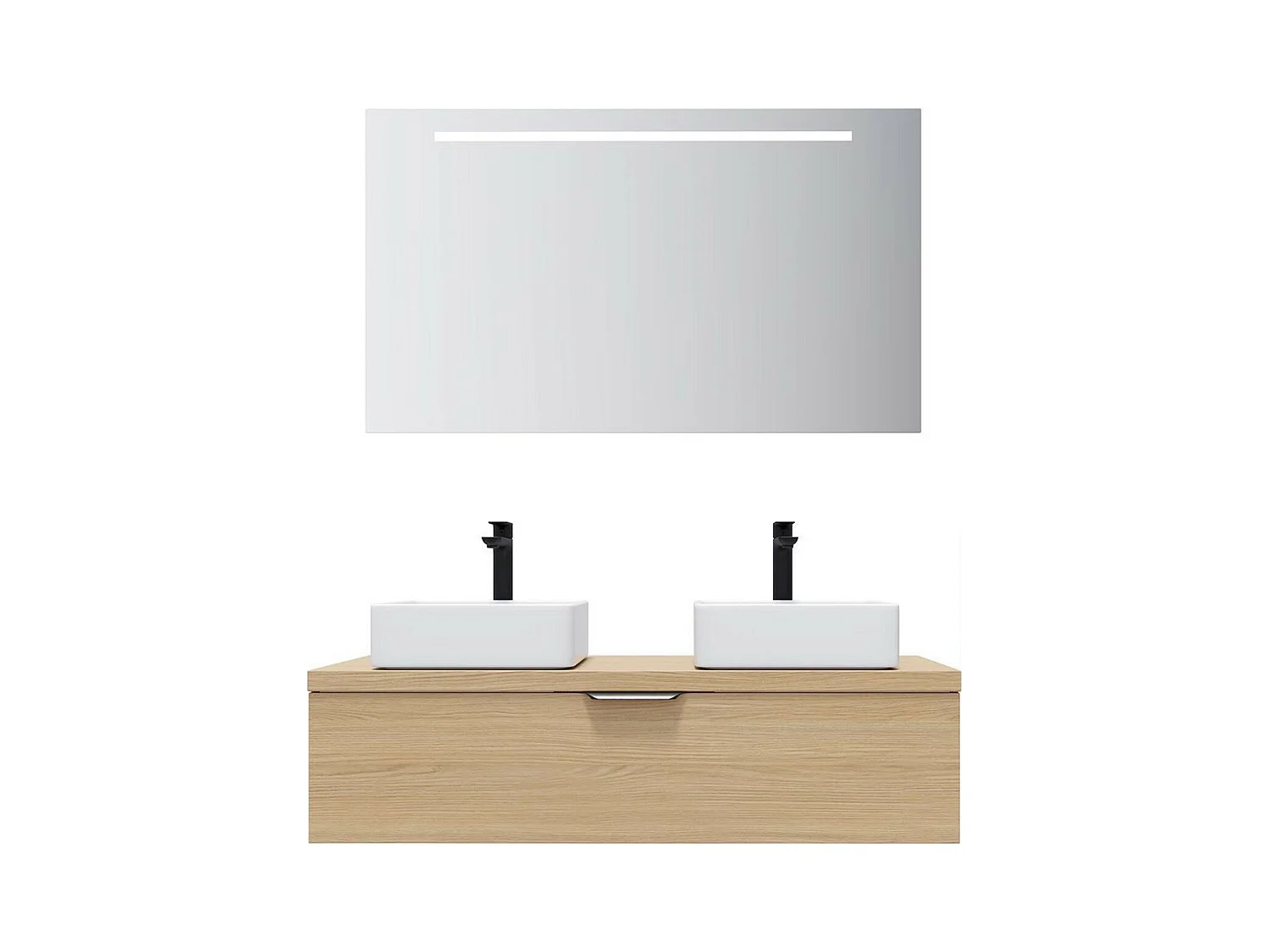 Meuble de salle de bain suspendu 2 vasques à poser 120cm 1 tiroir Chêne clair + miroir - Venice