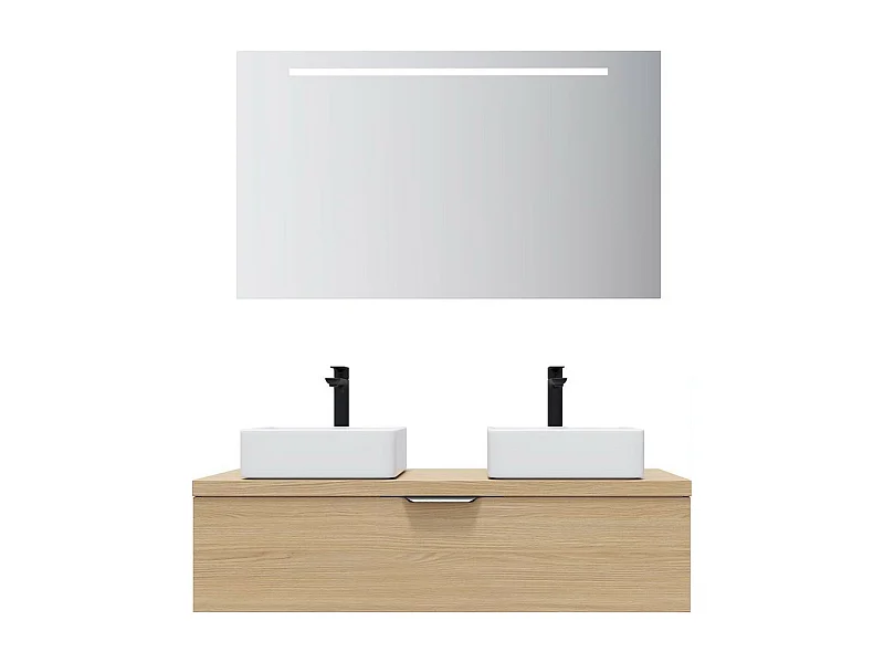 Meuble de salle de bain suspendu 2 vasques à poser 120cm 1 tiroir Chêne clair + miroir - Venice