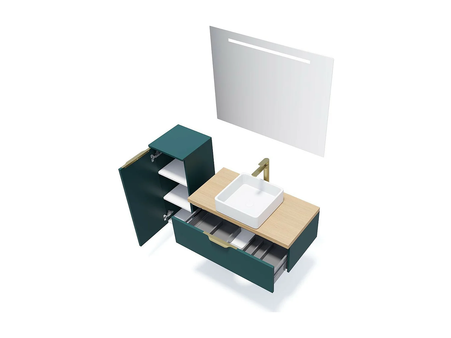 Meuble de salle de bain suspendu vasque à poser 90cm 1 tiroir Bleu + miroir - Venice