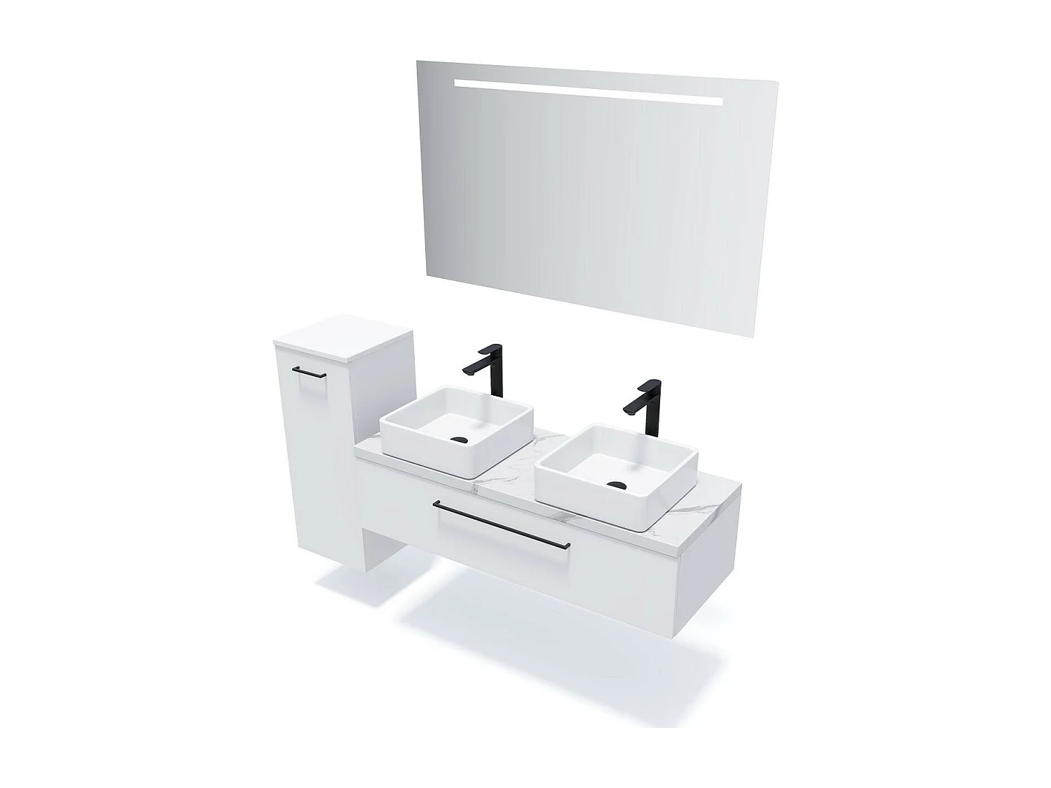 Meuble de salle de bain suspendu 2 vasques à poser 120cm 1 tiroir Blanc + miroir - Glasgow