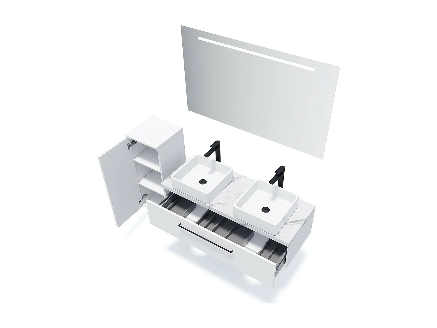 Meuble de salle de bain suspendu 2 vasques à poser 120cm 1 tiroir Blanc + miroir - Glasgow