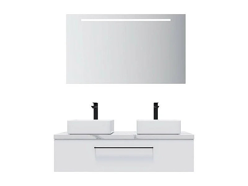 Meuble de salle de bain suspendu 2 vasques à poser 120cm 1 tiroir Blanc + miroir - Glasgow