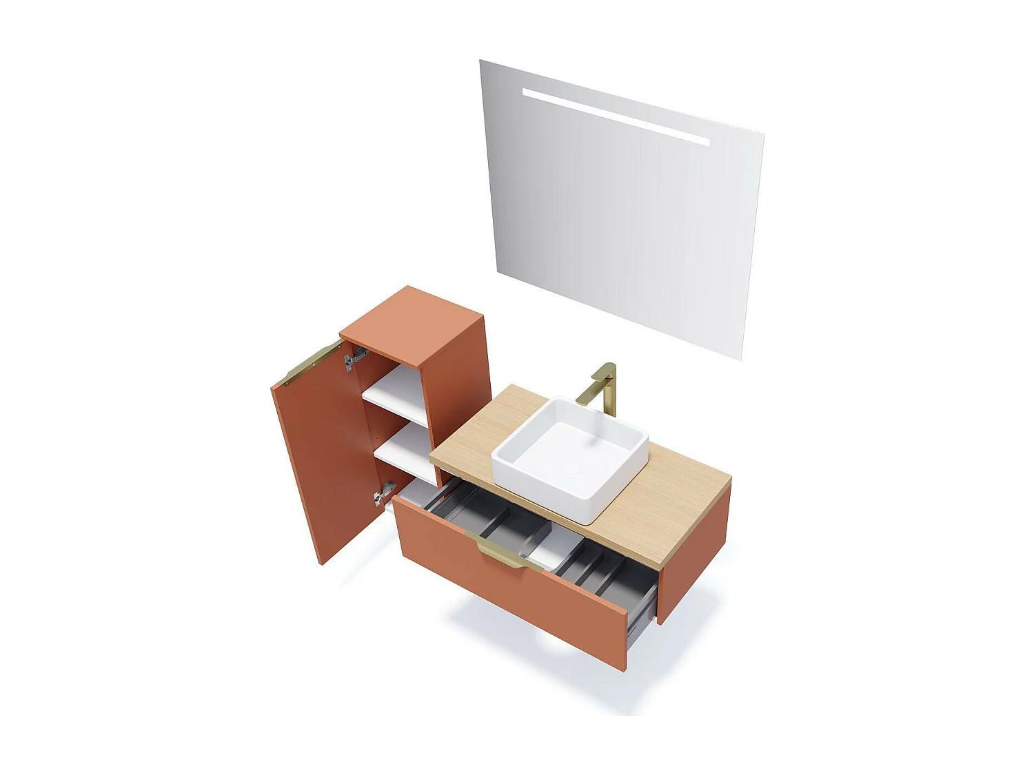 Meuble de salle de bain suspendu vasque à poser 90cm 1 tiroir Terracotta + miroir - Venice