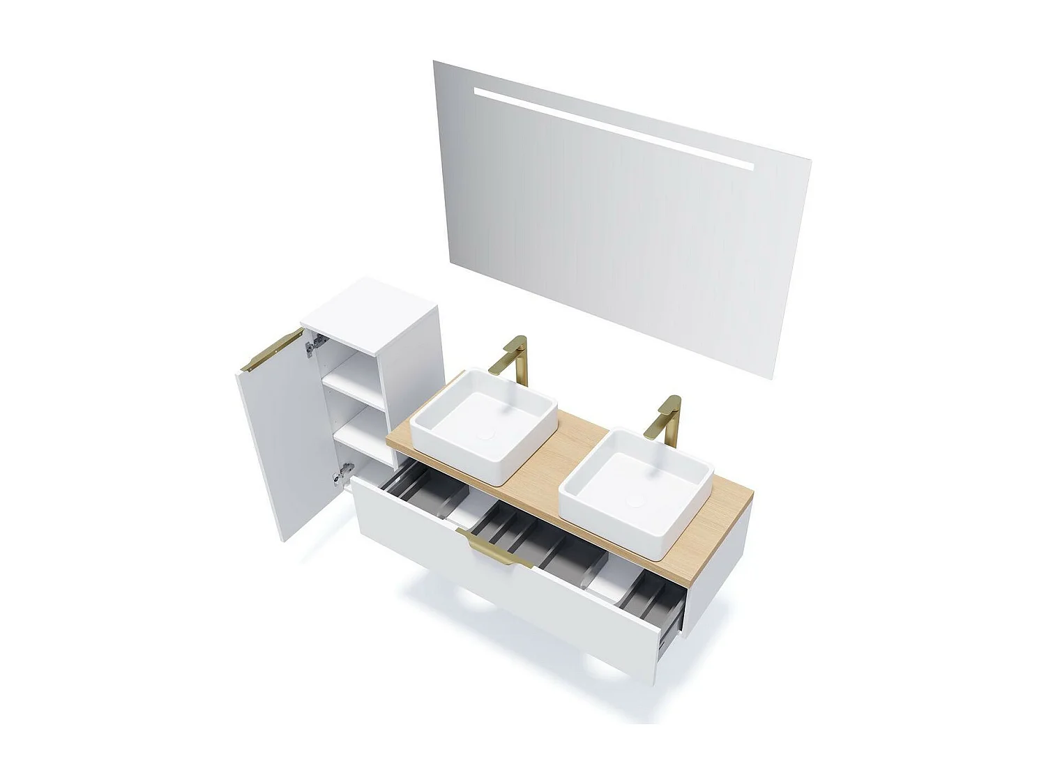 Meuble de salle de bain suspendu 2 vasques à poser 120cm 1 tiroir Blanc + miroir - Venice