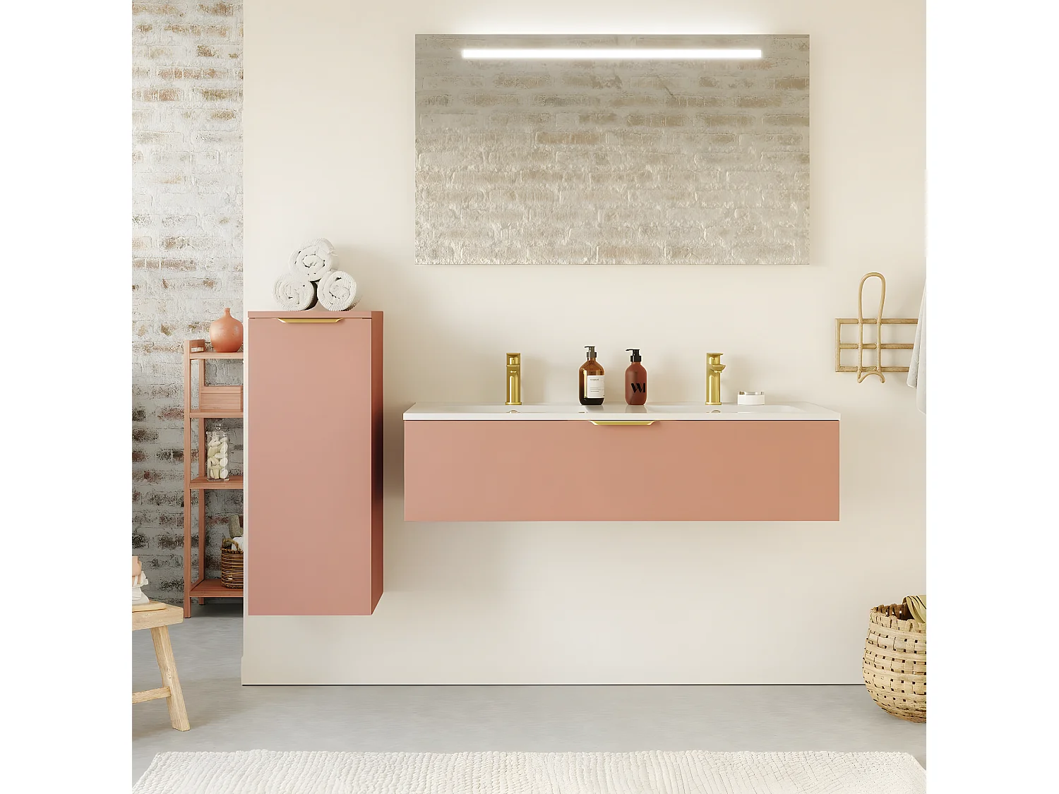 Meuble de salle de bain suspendu double vasque intégrée 120cm 1 tiroir Abricot + miroir - Venice