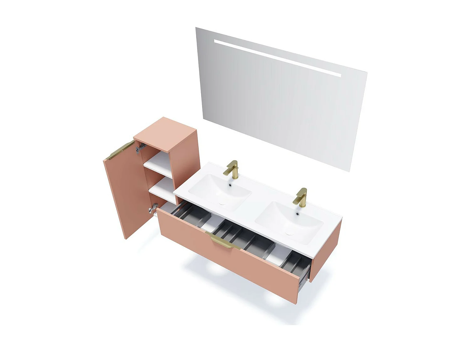 Meuble de salle de bain suspendu double vasque intégrée 120cm 1 tiroir Abricot + miroir - Venice