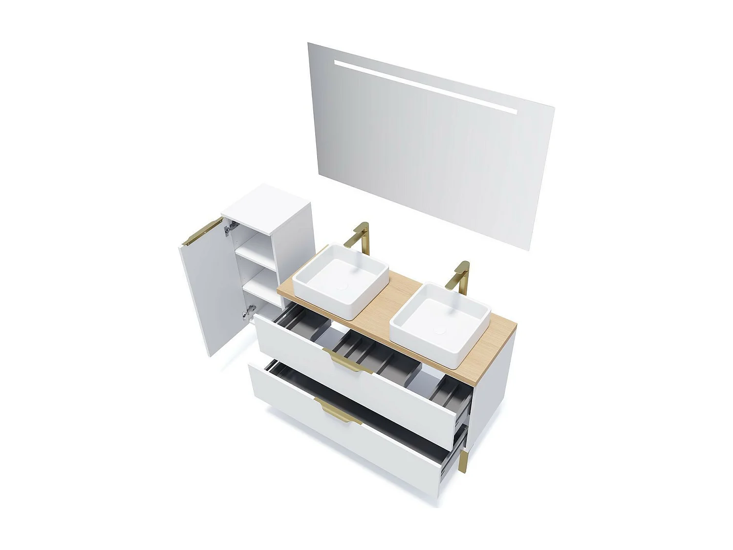 Meuble de salle de bain suspendu 2 vasques à poser 120cm 2 tiroirs Blanc + miroir - Venice