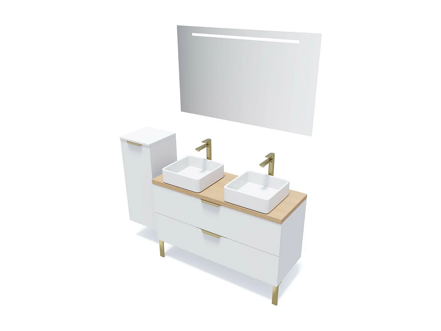 Meuble de salle de bain suspendu 2 vasques à poser 120cm 2 tiroirs Blanc + miroir - Venice