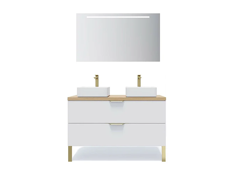 Meuble de salle de bain suspendu 2 vasques à poser 120cm 2 tiroirs Blanc + miroir - Venice