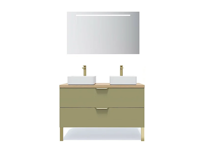 Meuble de salle de bain suspendu 2 vasques à poser 120cm 2 tiroirs Vert olive + miroir - Venice