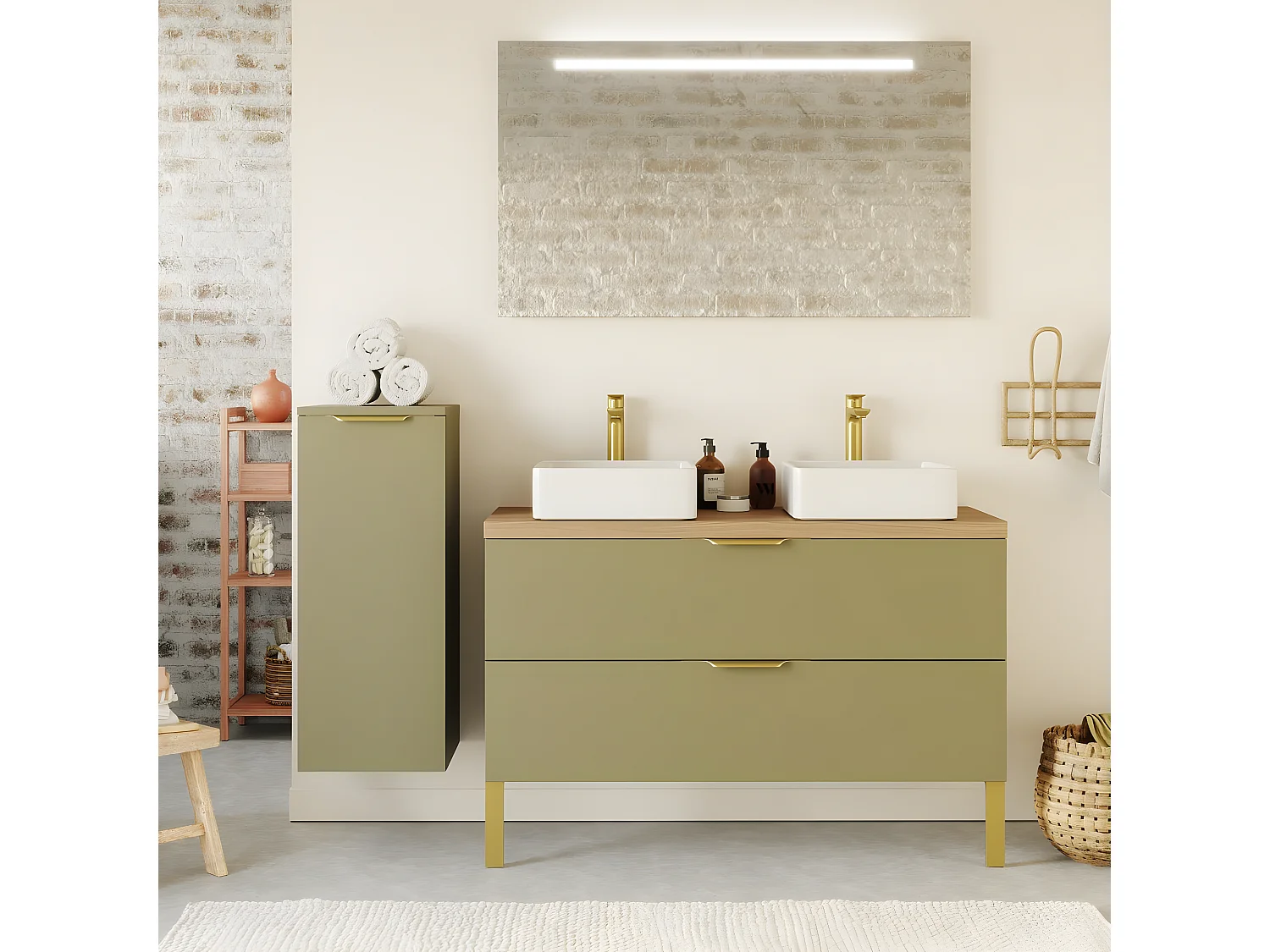 Meuble de salle de bain suspendu 2 vasques à poser 120cm 2 tiroirs Vert olive + miroir - Venice