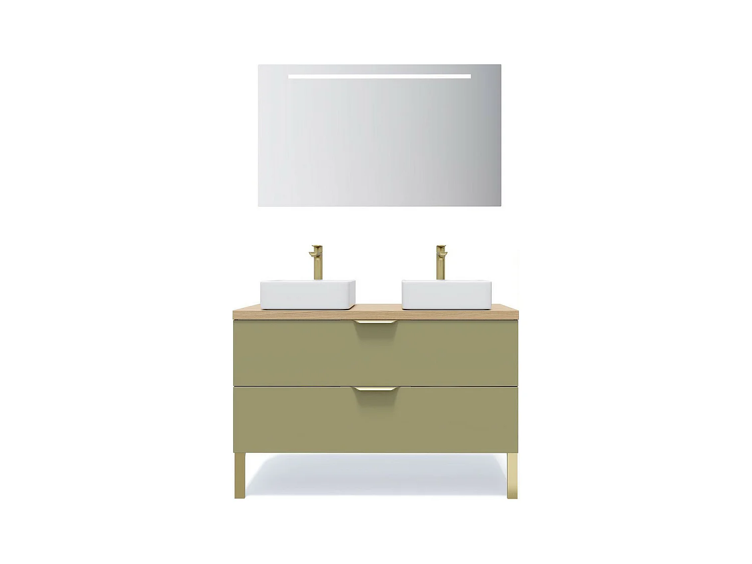 Meuble de salle de bain suspendu 2 vasques à poser 120cm 2 tiroirs Vert olive + miroir - Venice
