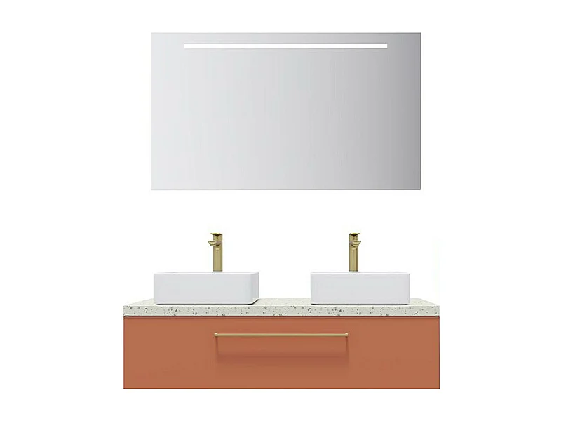 Meuble de salle de bain suspendu 2 vasques à poser 120cm 1 tiroir Terracotta + miroir - Glasgow