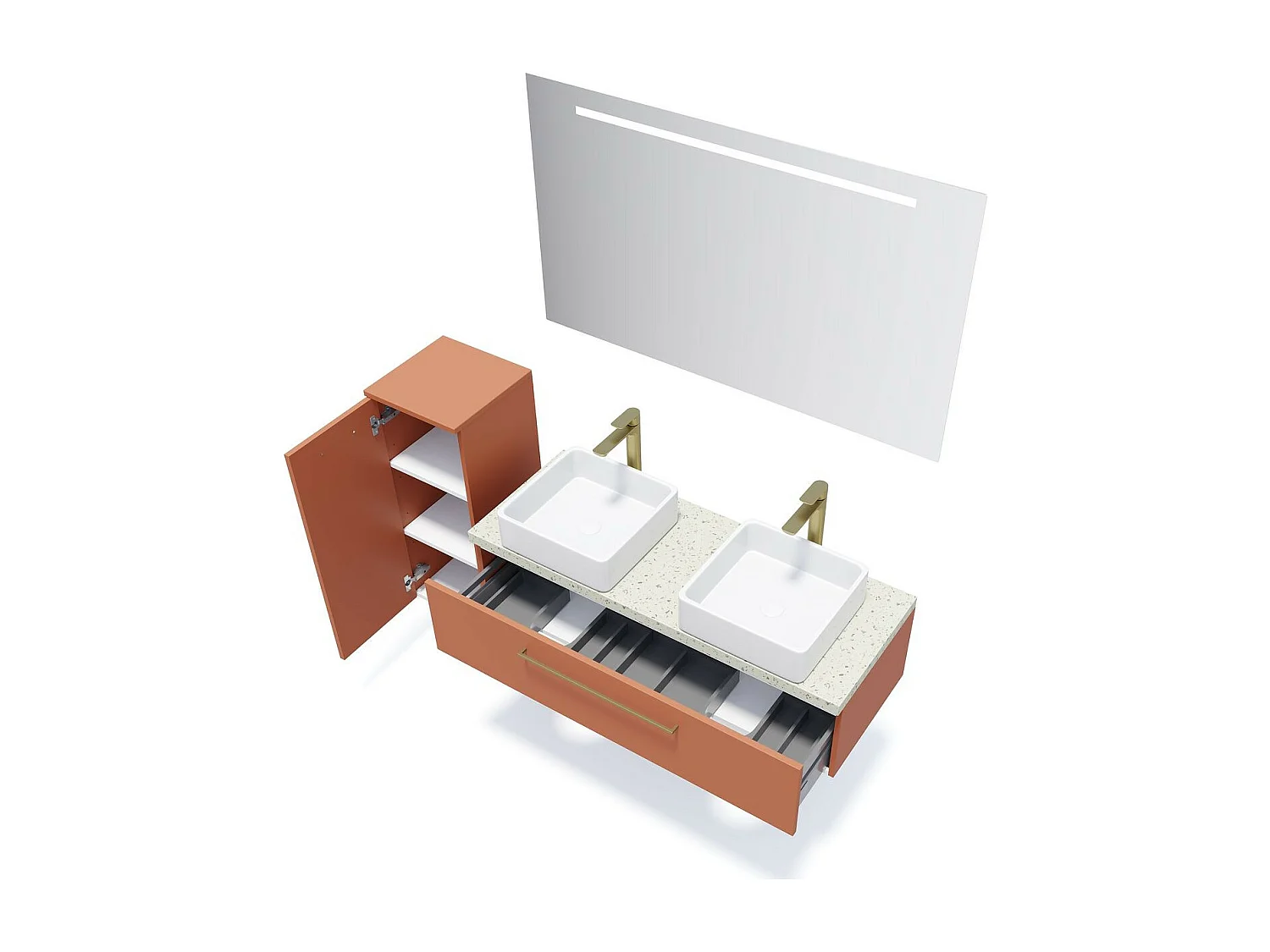 Meuble de salle de bain suspendu 2 vasques à poser 120cm 1 tiroir Terracotta + miroir - Glasgow