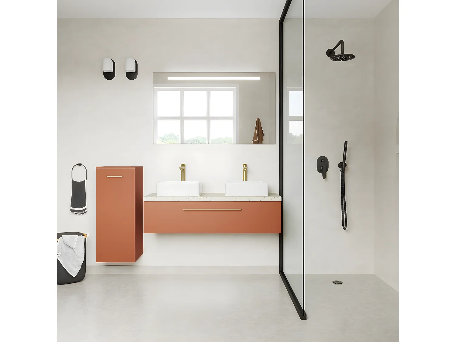 Meuble de salle de bain suspendu 2 vasques à poser 120cm 1 tiroir Terracotta + miroir - Glasgow