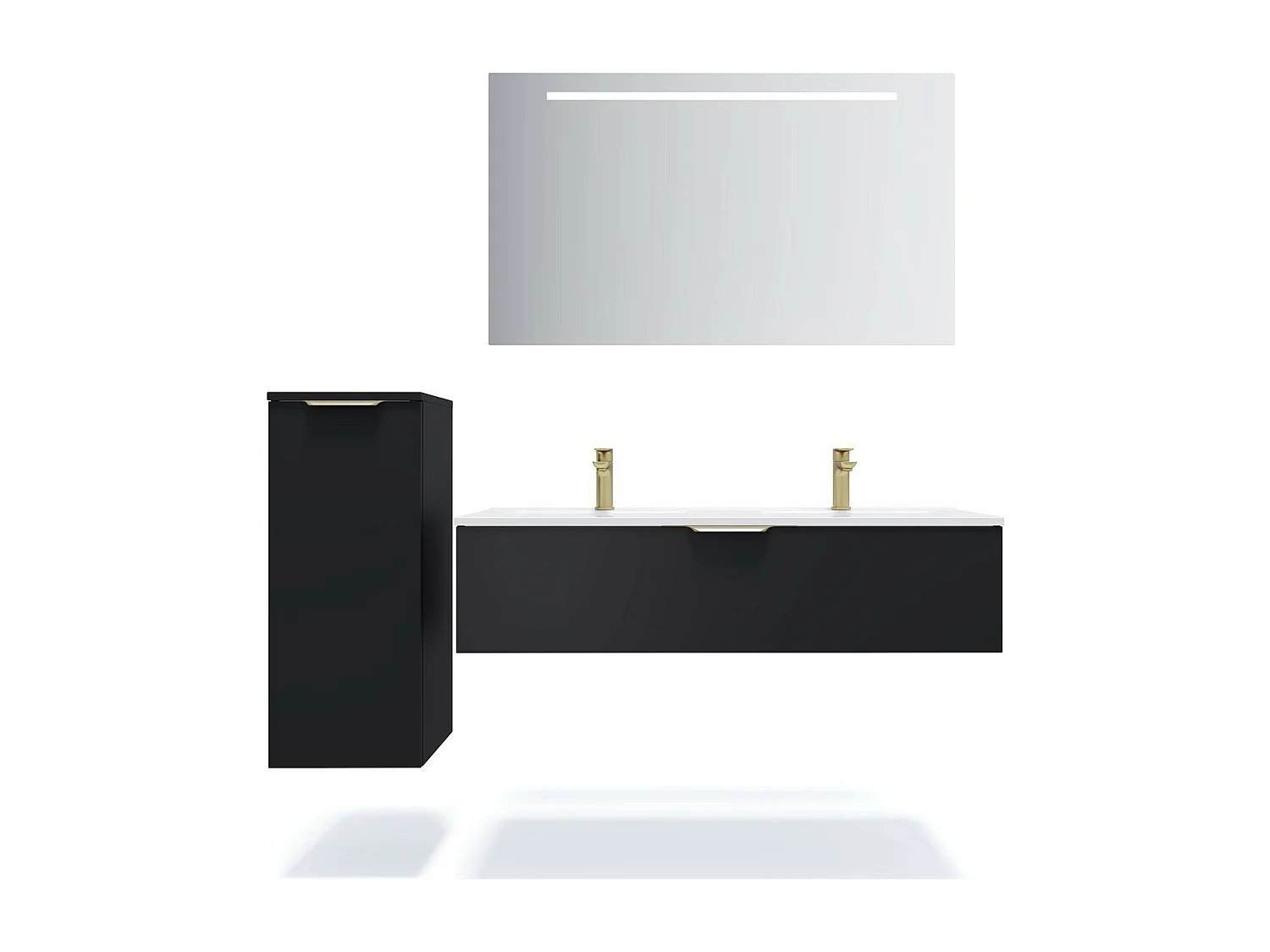 Meuble de salle de bain suspendu double vasque intégrée 120cm 1 tiroir Noir + miroir - Venice