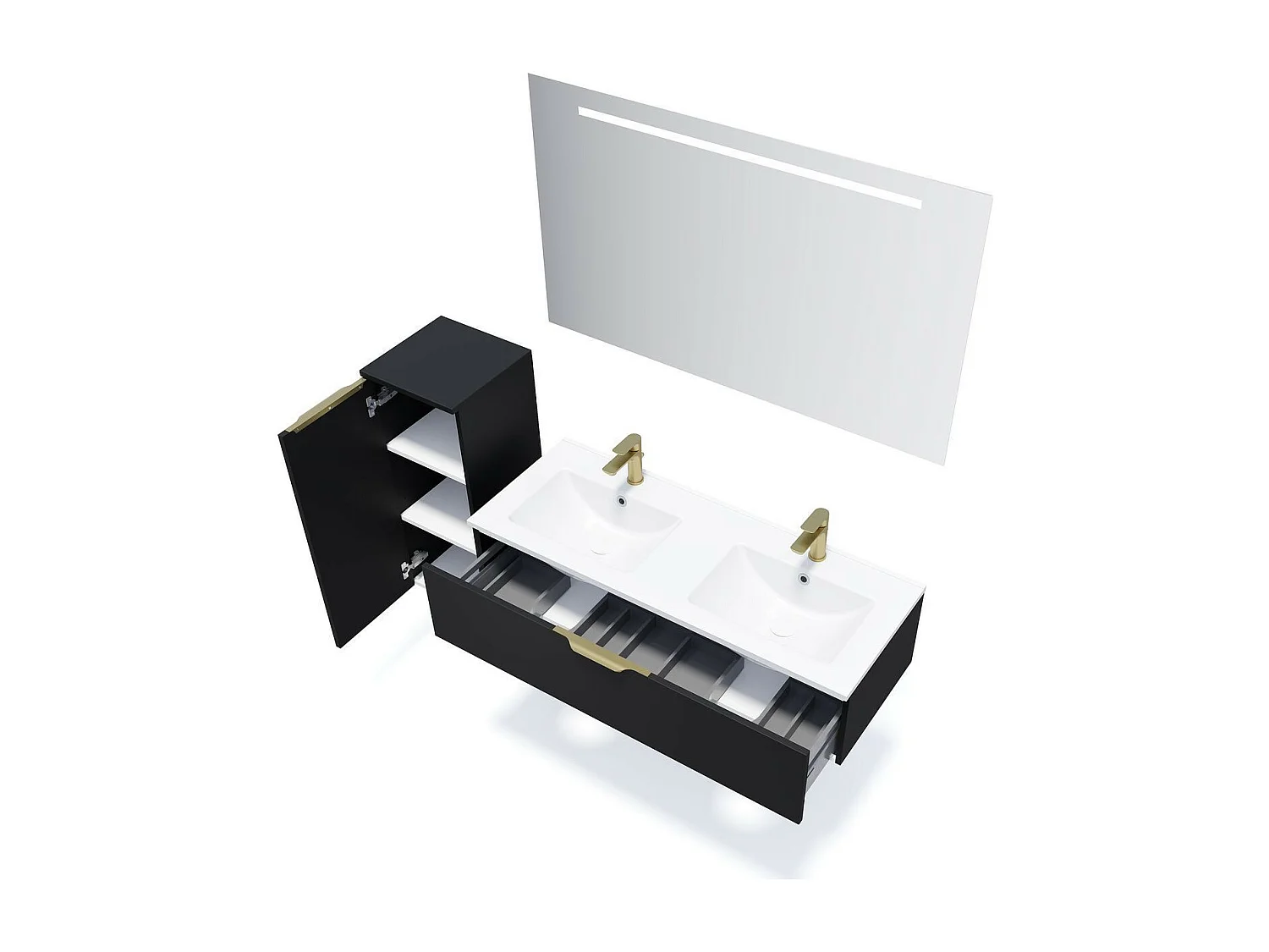Meuble de salle de bain suspendu double vasque intégrée 120cm 1 tiroir Noir + miroir - Venice