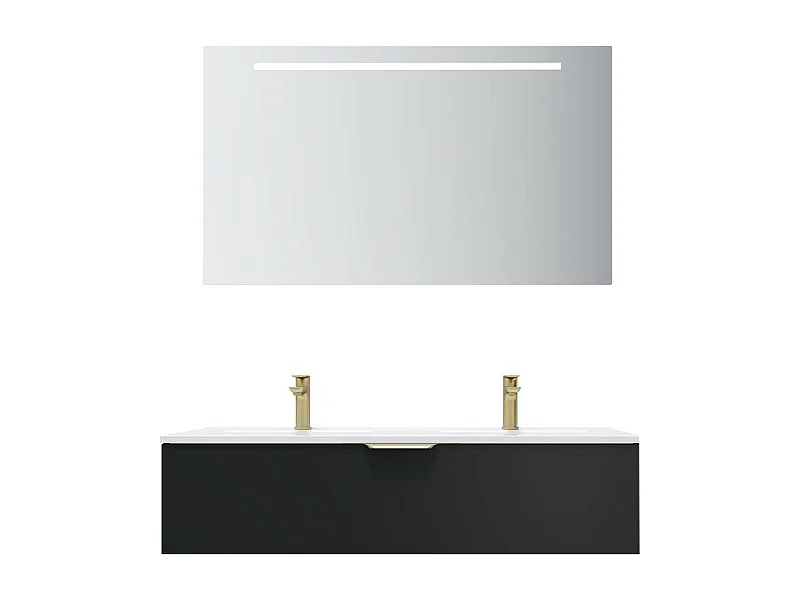 Meuble de salle de bain suspendu double vasque intégrée 120cm 1 tiroir Noir + miroir - Venice