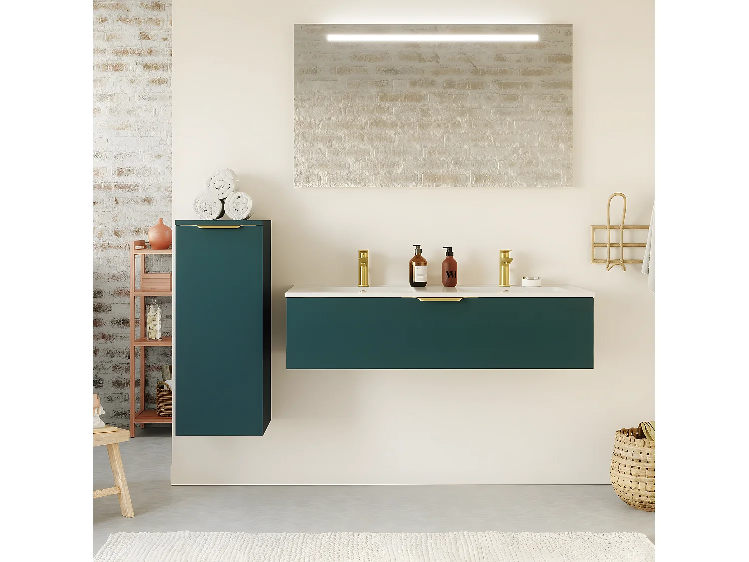 Meuble de salle de bain suspendu double vasque intégrée 120cm 1 tiroir Bleu + miroir - Venice