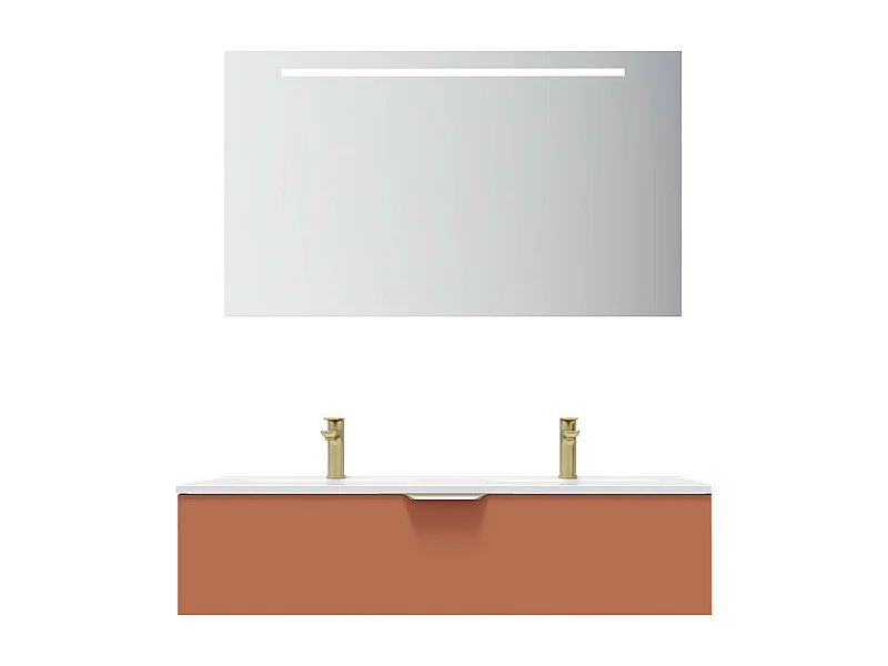Meuble de salle de bain suspendu double vasque intégrée 120cm 1 tiroir Terracotta + miroir - Venice